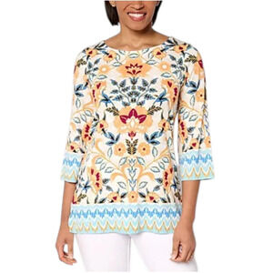 Belle Boho by Kim Gravel Women's Flower Border Boatneck Top Blu Brded - Regular